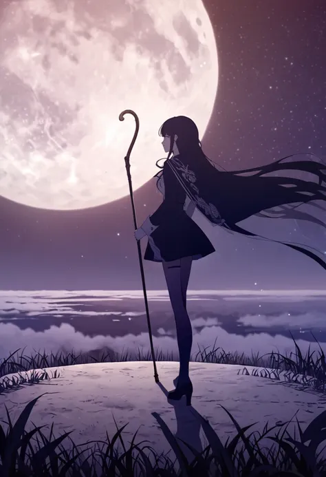 long shot, moon, one girl, cane, men&#39;s center, night, blue theme, full moon, magical girl, long hair, night null, silhouette...