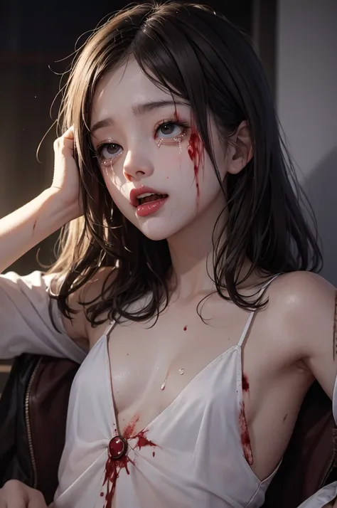 Highest quality, masterpiece, look up, cute,(Horror),(((少女の美しいzombie))),(zombie),(This girl is dead),Trying to bite,(((Bleeding,Injured))),(((Shedding tears of blood))),((口からBleeding)),((Covered in blood)),(A body covered in wounds),((zombieに身体中を噛みつかれた)),(...