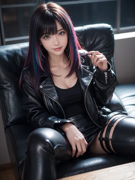 Best Quality，8k，middle School girls，leather jacket，Im grating my bangs，Straight Hair，perfectionにまっすぐな髪型，Smooth hair，colorful hair colors，blue eyes，Flashy hair，Cyberpunk Girl，Naughty Girls，model，Absurd，Wearing leather pants，Horny girl，Naughty Girls，masterpi...