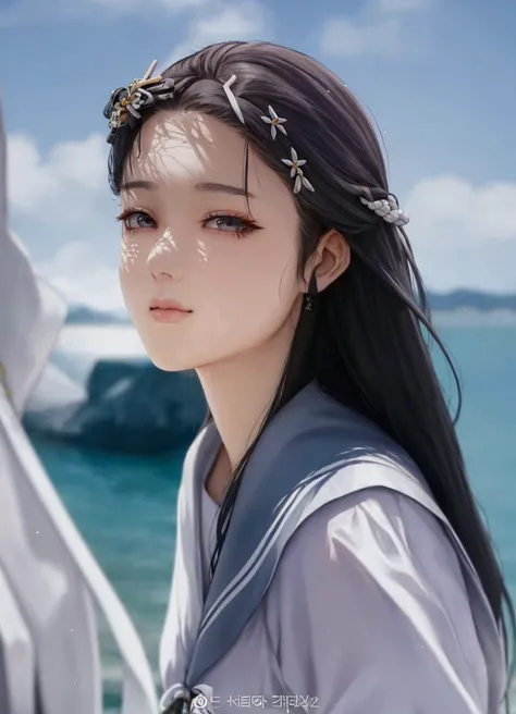 manga style, black and white, a close up of a woman with long hair standing near a body of water, jaeyeon nam, lee ji - eun, lee ji-eun, kim doyoung, heonhwa choe, sakimichan, taejune kim, kim hyun joo, jinyoung shin, jiyun chae, with cute - fine - face, h...