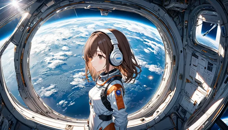 Brown-haired girl wearing headphones、Scene background of the Earth looking down from the space station window：Space station interior and earth view：Costume of a person gazing at the Earth with an emotional expression：Futuristic space suit pose：Standing by ...