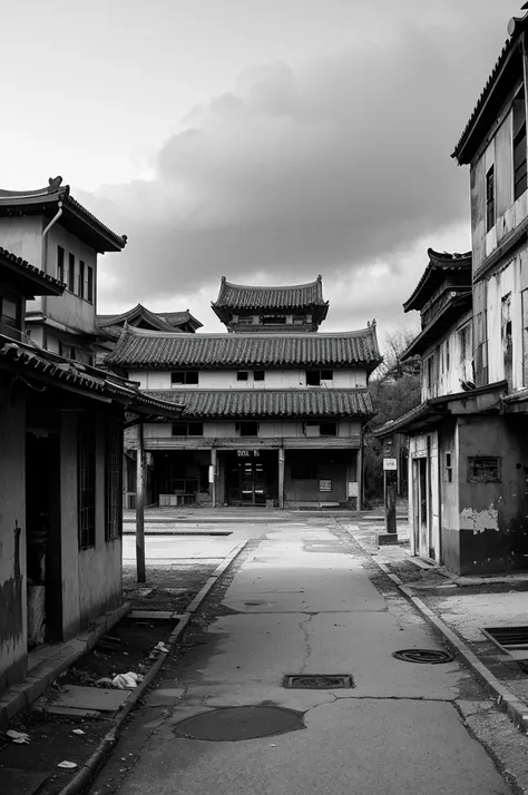 monochrome、abandoned chinese buildings as background material