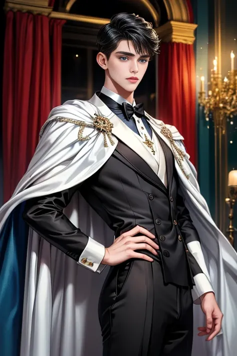 
masterpiece, 最high quality, high quality, 1 boy, alone, Male focus, Watching the audience,  Messy black hair, Adorable big blue eyes, White, Noble, Noble,A sexy, voluminous, puffy cape、tuxedo、A very voluminous, large, very large, very large, long, long re...