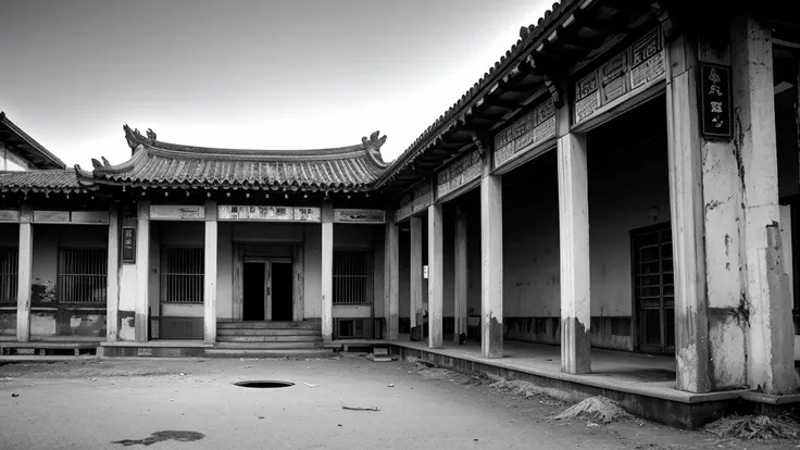 monochrome、use an abandoned chinese-style building as background material