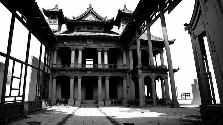 monochrome、use an abandoned chinese-style mansion as background material