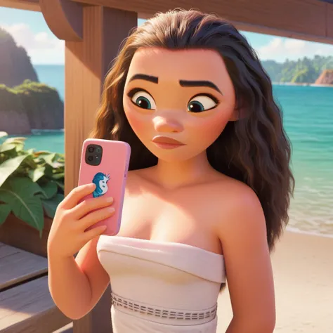 score_9_presence, score_8_up, Moana, wrapped in towel, medium breasts, holding phone