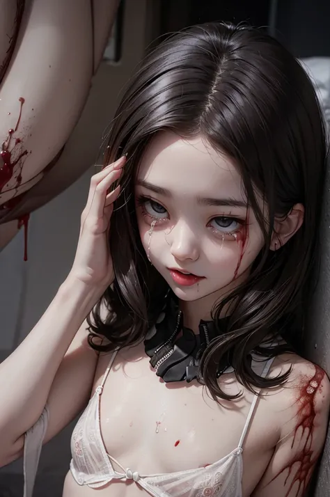 Highest quality, masterpiece, look up, cute,(Horror),(((少女の美しいzombie))),(zombie),(This girl is dead),Trying to bite,(((Bleeding,Injured))),(((Shedding tears of blood))),((口からBleeding)),((Covered in blood)),(A body covered in wounds),((zombieに身体中を噛みつかれた)),(...