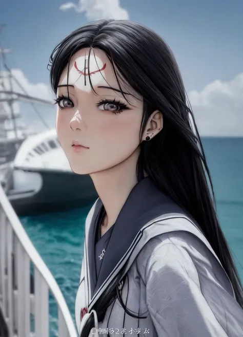 black and white, manga style, a woman with long black hair standing on a boat looking at the camera, beautiful anime portrait, anime realism style, artwork in the style of guweiz, realistic anime artstyle, detailed portrait of anime girl, kawaii realistic ...