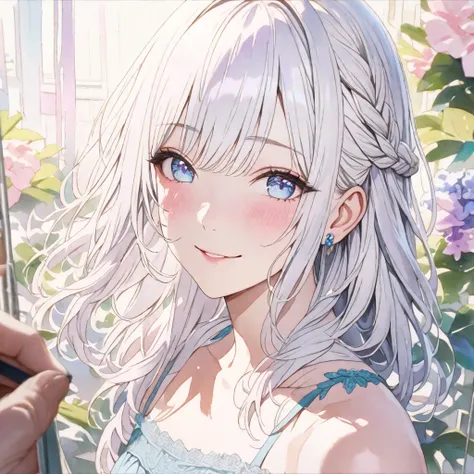 a beautiful detailed girl with long light white hair in a braid, heavy bangs, soft light blue eyes, a sweet smile, wearing a sexy lacy camisole, detailed watercolor painting, solo, handsome, lolita, photorealistic, 8k, high quality, masterpiece, intricate ...