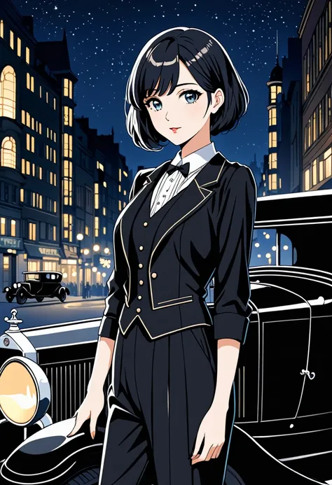 anime style, highest quality, Young woman, 25 years old, pretty haircut, black jacket, black vest, black pants, standing next to a black car from the 1920s, city, night, 1929 year, no alcohol law, portrait 