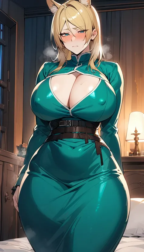 Mlynar(Arknights),yellow hair,animal ears,curvy body, wearing clothes(Muslim attire), blushing,big cleavage,big thighs,bedroom, night setting,close view,nsfw.