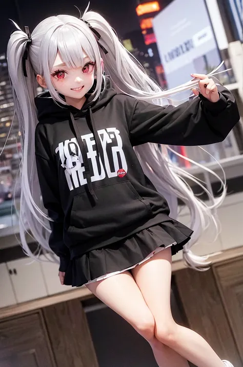 Silver Hair　Twin tails　Red Eyes　freckles　beautiful girl　smile　Animal Hoodie　skirt　City