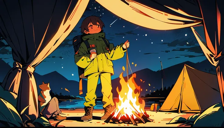 (high quality, 8k, 4K, High Contrast, masterpiece:1.2, 最high quality, Best aesthetics), campfire, night lakeside, Tents and camping equipment, Firefighter, A person stuffing their cheeks with food, Man standing next to a tent, smile, Look up at the starry ...