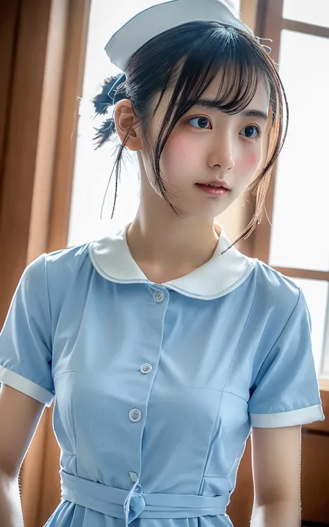 ((top quality, 8k, muste piece: 1.3)), beauty, one japanese girl, nurse, whole body, perfect anatomy, Are standing, black hair, Blunt Bangs, Lower ponytail, 20 years old, face focus, detailed face, highly detailed lips, fine eyes, sweaty skin: 1.2, nurse u...