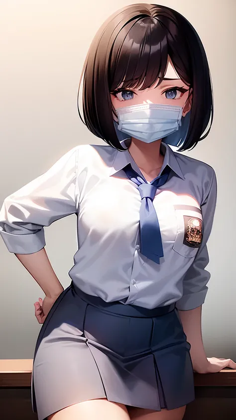 1 woman, 17 years old, (Short Layered Bob haircut, black hair), scared face expression, plump body, blue eyes, Indonesian high-school uniform, (wearing transparent white shirt, long sleeves, light-grey tie), osis logo on shirt pocket, medium breasts, long ...