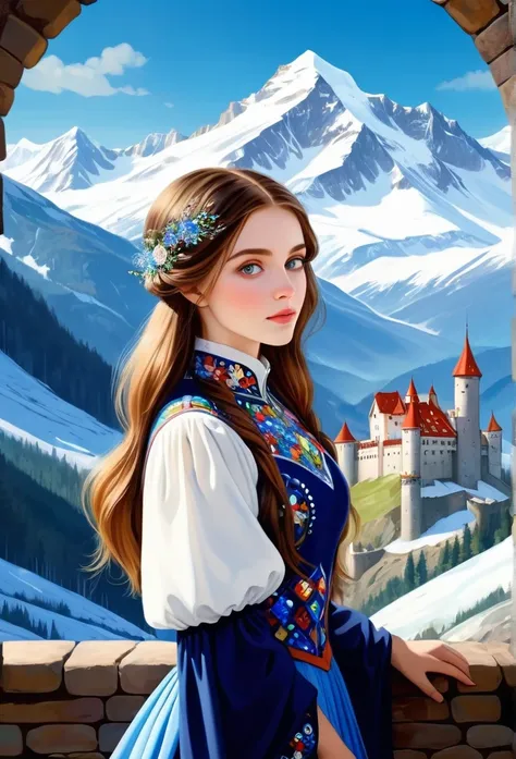 Millefiori glass style，((masterpiece)),best quality, illustration, dark, 1 Girl, In the wilderness,Mountain High,Snow-capped mountains in the distance, castle, Beautiful and delicate eyes,  beautiful fine hair,