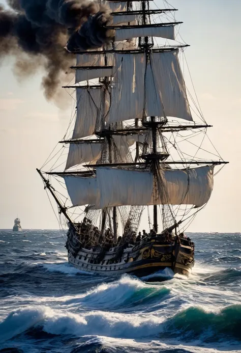 au crépuscule, un bateau pirate et un navire de guerre français, navires côte-à-côte en ligne de bataille, bateau pirate et bate...