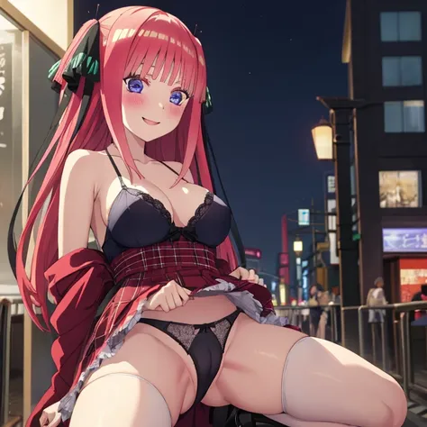 best quality, insanely detailed, nino nakano, breasts, blush, public background, bare-shoulder, a ribbon, stockings, pussy, smile, blue lingerie garterbelt, cheerful eye, nsfw, Taut Underwear