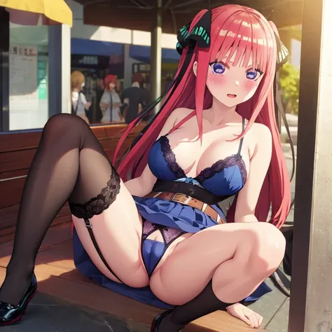 best quality, insanely detailed, nino nakano, breasts, blush, public background, bare-shoulder, a ribbon, stockings, pussy, blue lingerie garterbelt, cheerful eye, nsfw, Taut Underwear