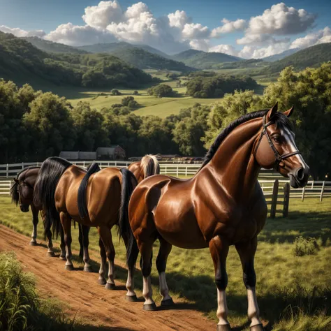 a herd of horses in a farm, horses emerging from the soil, detailed horse buttocks, detailed horse tails, (best quality,4k,8k,highres,masterpiece:1.2),ultra-detailed,(realistic,photorealistic,photo-realistic:1.37),highly detailed horses, pastoral landscape...