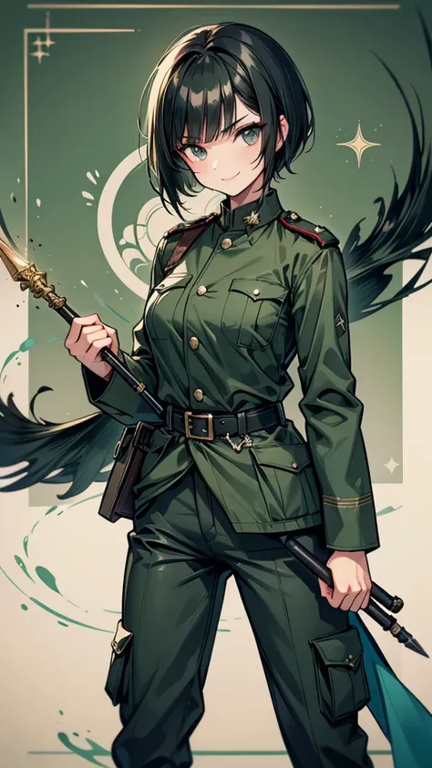 woman　short hair　black hair　expensive　narrow eyes　smile　glare　frivolous attitude　dark green german military uniform　pants　roll u...