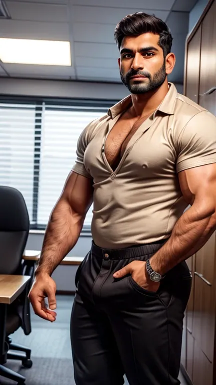 Two hunk in one picture with doing body play, 40 years old handsome indian male standing together in one photo, defined big fluffy hairy pecs, conversative politican, brown hair, smooth oily skin, in low cut shirt black pant with huge bulge, standing in of...