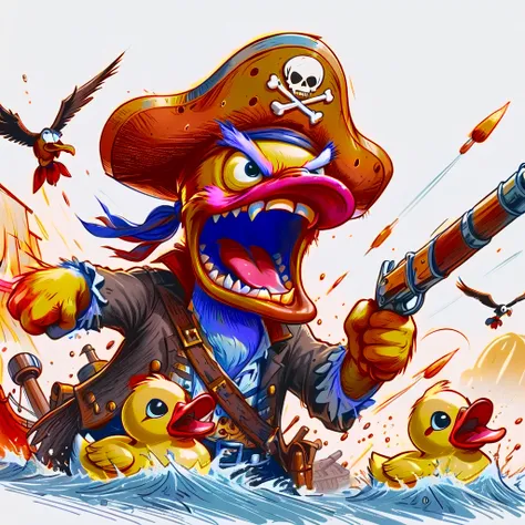 fire, sunset, fiery colors, vibrant hues, uv light, pirate war (rubber duck war) absurdist, wacky cartoon, zany, rubberduck pira...