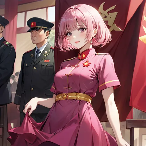 ((Highest quality)), ((masterpiece)), (detailed), （Perfect Face）、The woman is Chinese Momo Beria Deviluke, a Chinese woman with pink short bob hair and an engagement ring. She is a member of the glorious Chinese Communist Party and has sworn absolute loyal...