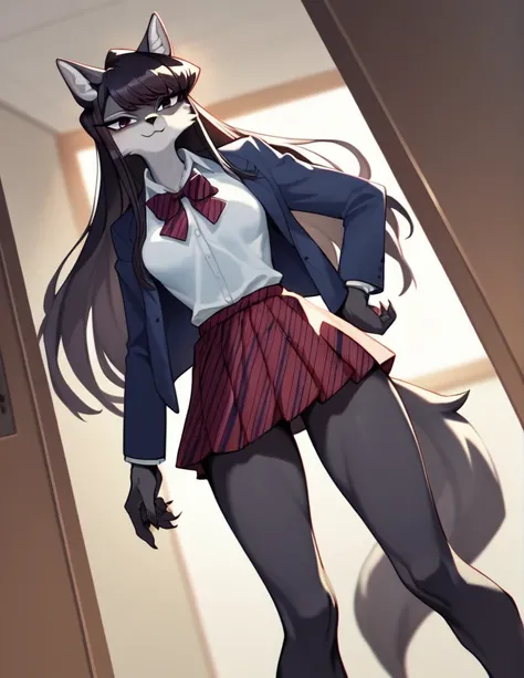 score_9,score_8_up,score_7_up, source_anime, source_furry, Anthro furry wolf girl, Komi Shouko, she is an Anthro furry black wolf, black furry body, wolf snout, black nose, tall and skinny, small breasts, wearing , at a Japanese school, 