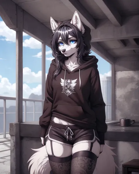 a (fluffy anthro furry) wolf girl with a slender figure and sky blue eyes wearing a blue hoodie black shorts and black thigh highs highly detailed, finely drawn, anime style, sfw, detailed remarkable eyes
BREAK
(stylized Anime artwork, (brown outline), a1 ...