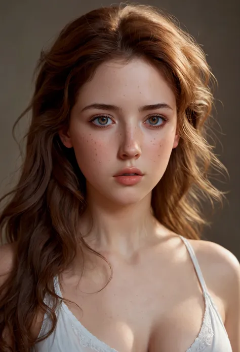 ultra realistic, photography,19 years old, , slender build with a youthful, innocent charm. Long, wavy brown hair that frames her delicate features. Wide, doe-like eyes and a button nose. Full, pouty lips. Smooth, unblemished skin with a light dusting of f...