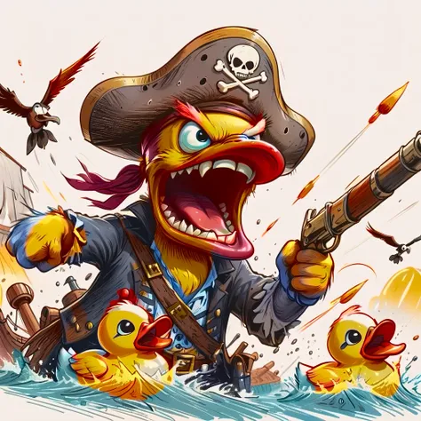 fire, sunset, fiery colors, vibrant hues, uv light, pirate war (rubber duck war) absurdist, wacky cartoon, zany, rubberduck pira...