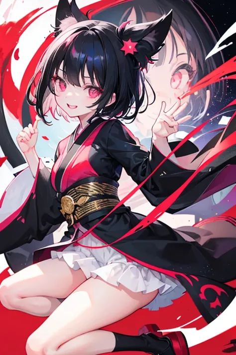 original character , One girl, (Crazy Smile:1.2) ,  Black Hair , bangs , Crazy Eyes , Put your hands on your face , Red and black color scheme, Open your mouth, (Eyes Wide Open:1.2), Glowing Eyes, left Star-shaped eyes, Star-shaped eyes,  Pink Eyes, Pink E...