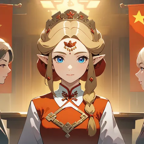 ((Highest quality)), ((masterpiece)), (detailed), （Perfect Face）、The woman is a Chinese Princess Zelda, a blonde Chinese woman with blue eyes, wearing an engagement ring. She has become a member of the glorious Chinese Communist Party and has sworn absolut...