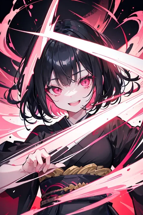 original character , One girl, (Crazy Smile:1.2) ,  Black Hair , bangs , Crazy Eyes , Put your hands on your face , Red and black color scheme, Open your mouth, (Eyes Wide Open:1.2), Glowing Eyes, Pink Eyes, Pink Eyes、kimono、Short、witch