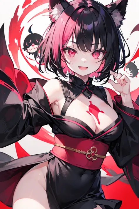 original character , One girl, (Crazy Smile:1.2) ,  Black Hair , bangs , Crazy Eyes , Put your hands on your face , Red and black color scheme, Open your mouth, (Eyes Wide Open:1.2), Glowing Eyes, Pink Eyes, Pink Eyes、kimono、Short、witch