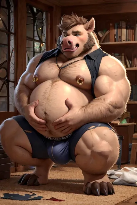 fat furry gay boar ( fat, 1200 pounds, nipple piercing ), in underpants, lap, looking shocked, looking surprised,Excessive obesity , (drak), digitigrade, male, clothes, musclegut
BREAK (by zackary911, by braeburned, by haps), (transformation:1.3), on knees...