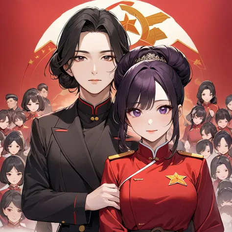 ((Highest quality)), ((masterpiece)), (detailed), （Perfect Face）、The woman is a Chinese woman named Kocho Shinobu, with medium-long black hair with purple ends, tied up in a formal evening hairstyle, and is wearing an engagement ring. She has become a memb...