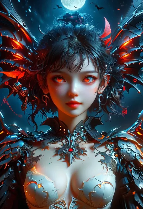 High quality，Best quality，Reality，Super realistic，Super detailed，masterpiece，high resolution，8k，Very real，Hellbringers，Red Eye，Crescent Moon，Hamburger，pumpkin，Close-up of a bat，一名持剑的女孩与vampire，Black cape，Bikini，Glitch Punk Girl，Pale milky porcelain skin，va...