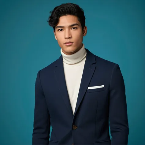 "A 21-year-old male with mixed African and Asian features. He has straight black hair, dark brown eyes, high cheekbones, and full lips. He is wearing a navy blue smart casual blazer with a white turtleneck. The background is a dim, teal photoshoot backdrop...