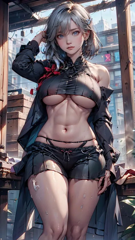 24-year-old female、Silver Hair、Tying up hair((tied hair))、Sexy proportions、Narrow waist、Underboob Top((underboob top))、Lower milk visible、Saggy breasts、Navel visible、Low rise leggings、Stiletto heels、The city after the rain、Rainbow in the sky