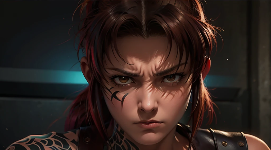 revy from black lagoon, neon lights, the artwork is rendered in an edgy and realistic style, with high attention to detail and s...