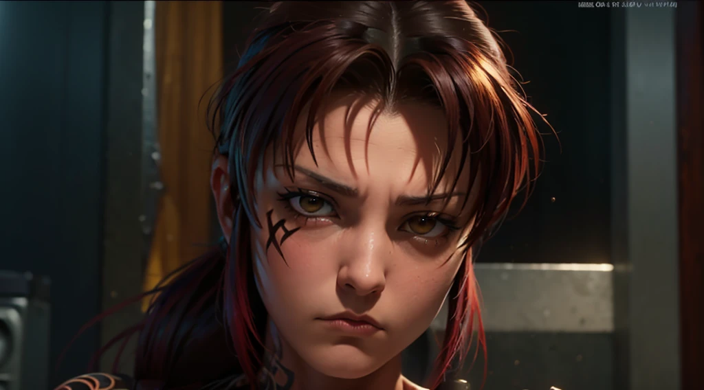 Revy from black lagoon, neon lights, The artwork is rendered in an edgy and realistic style, with high attention to detail and sharp focus. The colors are vivid and contrasted, with a slight desaturation to create a moody atmosphere. shadowy highlights enh...