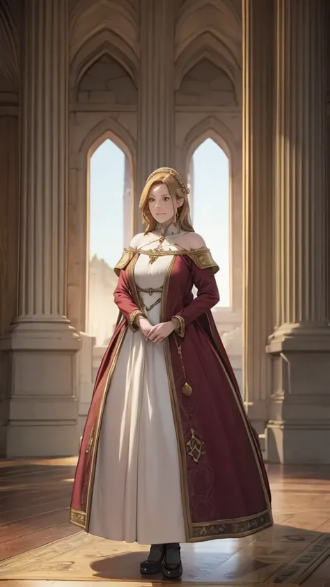 Adult woman, wearing commoners dress, medieval fantasy, standing, looking straight ahead.