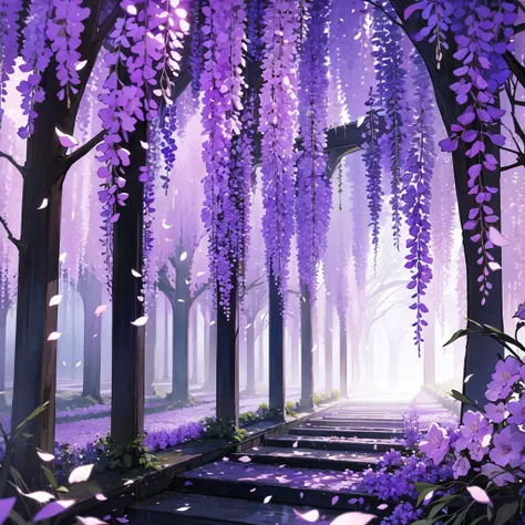 wisteria forest,  dark night, , (Beautifully Aesthetic:1.2),wisteria, peace, tranquility, serenity, petals, 