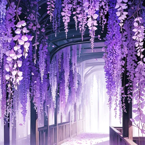 wisteria forest,  dark night, , (Beautifully Aesthetic:1.2),wisteria, peace, tranquility, serenity, petals, 