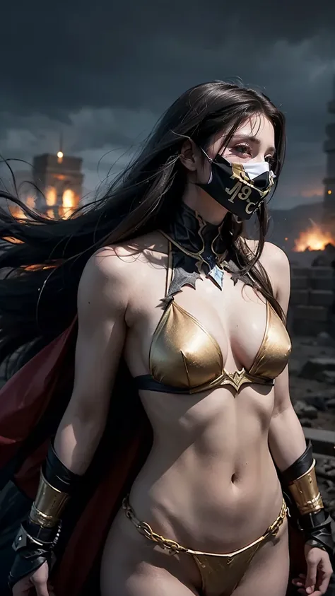 Show Bane (Atropos) from DOTA game in her Dread form, no having clothes,with dread-infused armor and a terrifying presence, have massive k-cups, in a dread-filled landscape with dark skies and twisted, ominous structures."