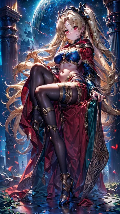 (((Mistress of the Underworld)), beautiful, blonde, ((Ereshkigal)) (((Two-side up hairstyle))), ((Shiny red eyes)), ((Full body)) Goddess, flying in the sky background space