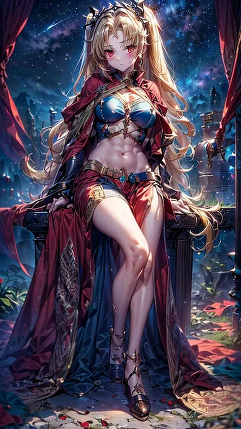 (((Mistress of the Underworld)), beautiful, blonde, ((Ereshkigal)) (((Two-side up hairstyle))), ((Shiny red eyes)), ((Full body)) Goddess, flying in the sky background space