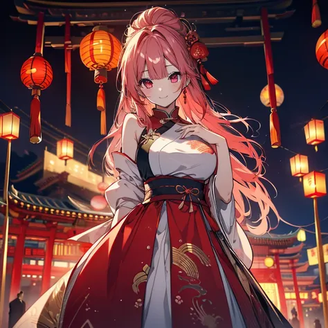 1 girl、Mature、Ample breasts、Long Hair、Hair Bun、Red Eyes、A seductive smile、China dress、Hozuki、Hozukiのピアス、dusk、Chinatown、The lantern shines、Nostalgic、High resolution、Highest quality